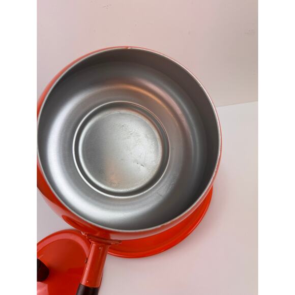 Vintage Bright Orange Fondue Pot Plate Combo Aluminum Wooden Handle with Lid - Picture 6 of 11